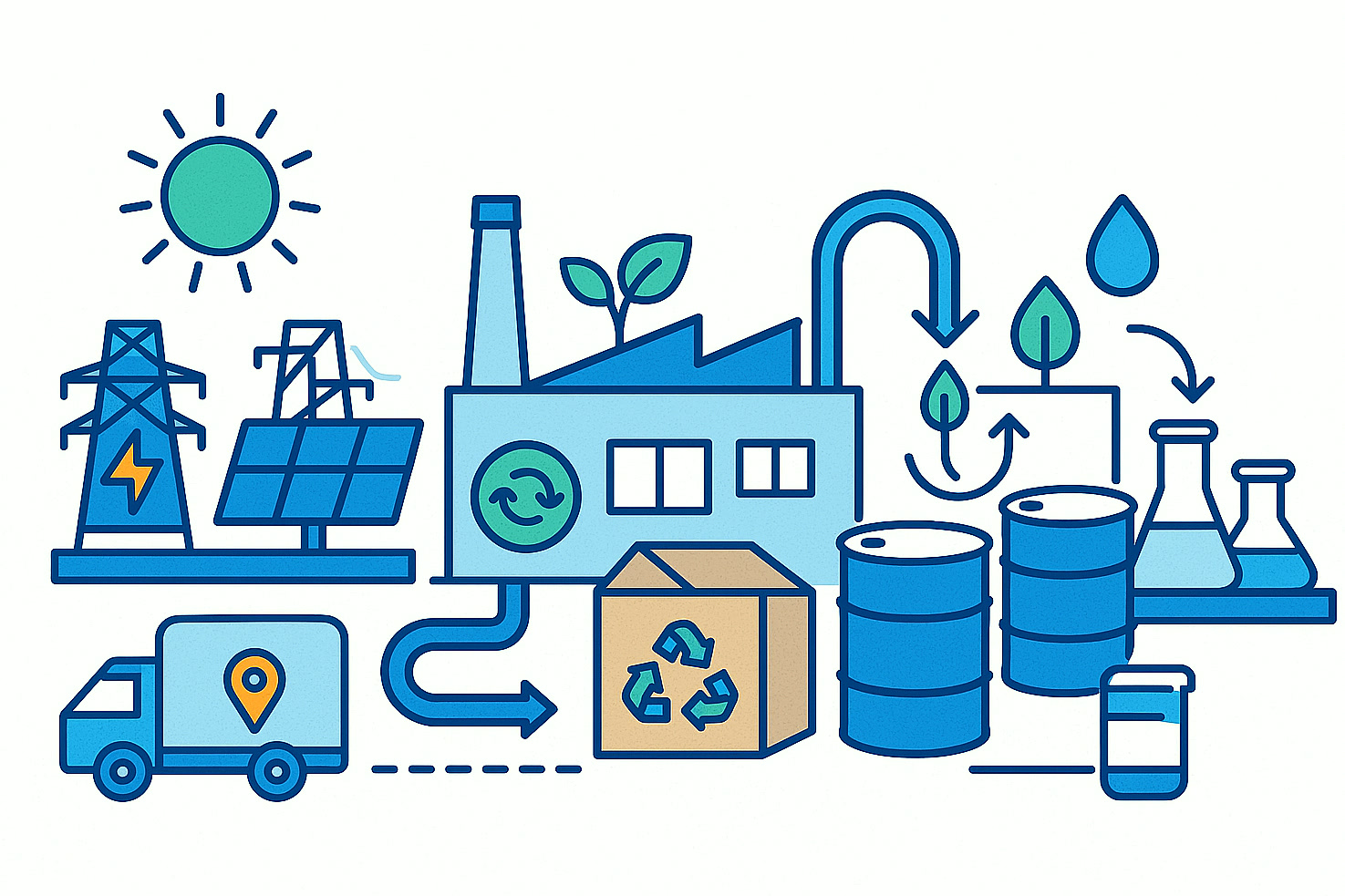 Illustrazione della sostenibilità ambientale nelle operazioni di prodotti chimici speciali con energia rinnovabile, circuiti dell'acqua, riuso del packaging e logistica