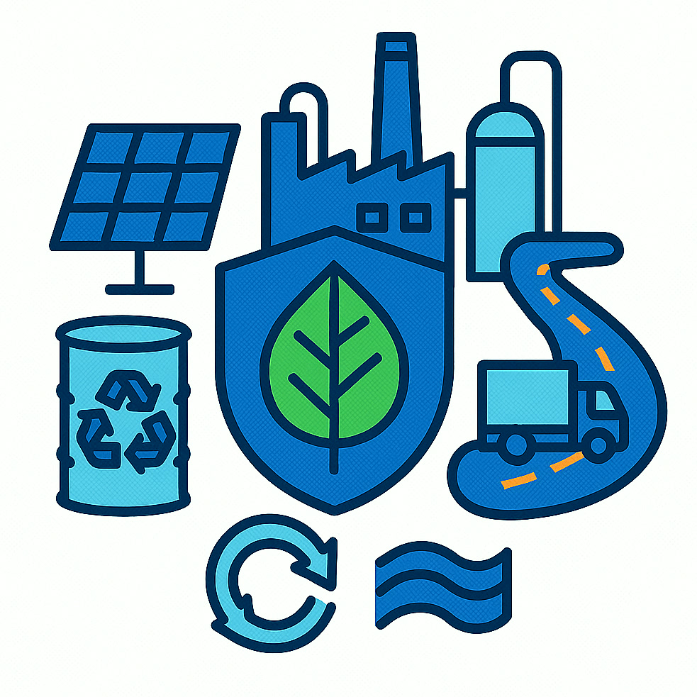 Illustrazione della sostenibilità ambientale con energie rinnovabili, acqua, imballaggi e logistica