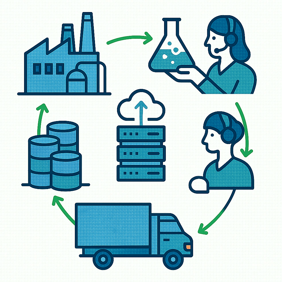 Illustrazione di pratiche aziendali sostenibili in produzione, logistica, consulenza e servizi IT