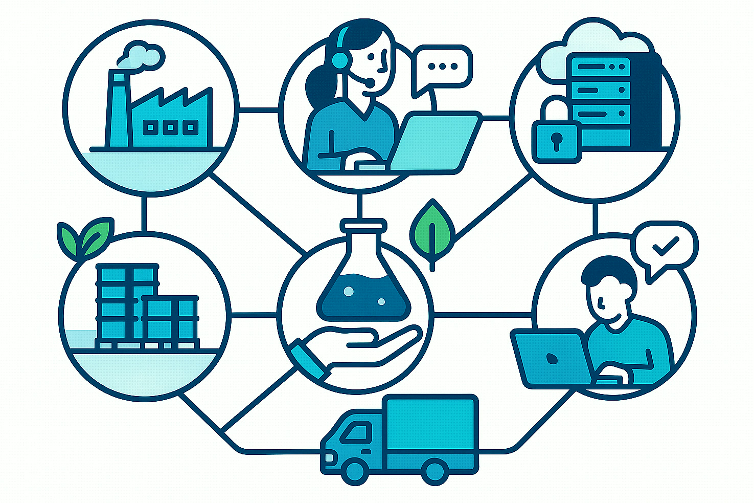 Illustrazione di pratiche aziendali sostenibili in produzione, uffici, logistica, consulenza e servizi IT