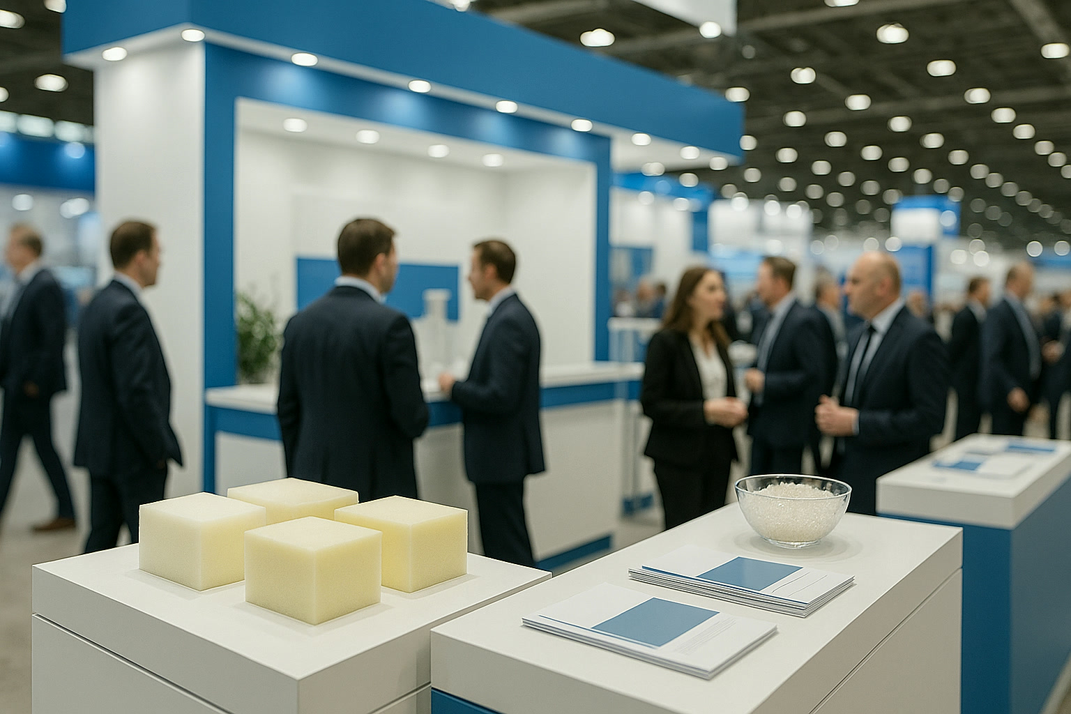 Stand fieristico con campioni di schiuma e materiali specialistici