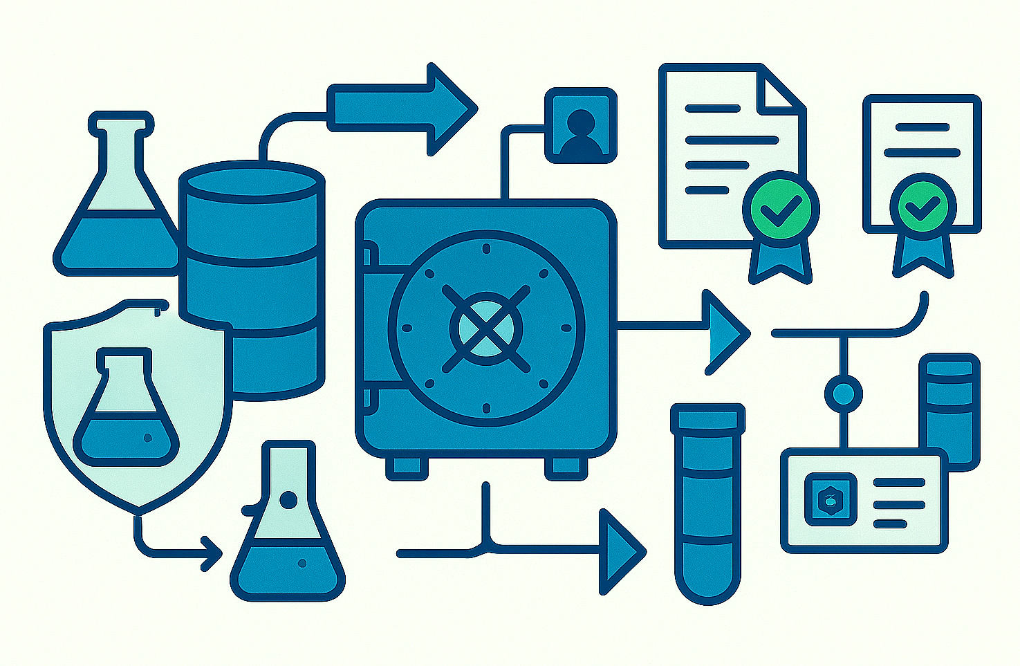Rappresentazione di una governance sicura dei dati, accesso controllato, documentazione e scambio informativo fidato