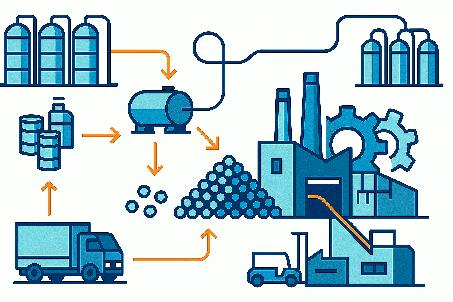 Illustrazione di più siti produttivi e rotte logistiche a supporto di una fornitura affidabile di prodotti chimici speciali